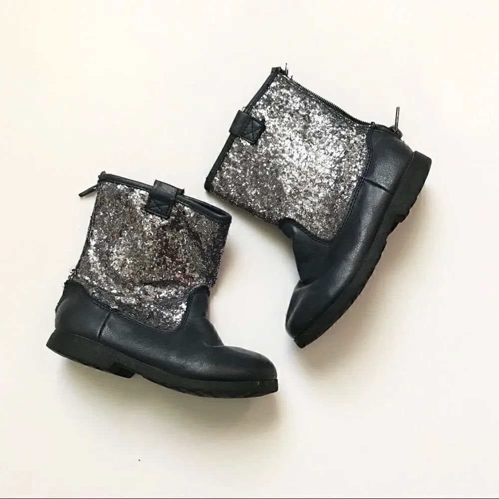 Glitter and blue leather little girl zipper boots